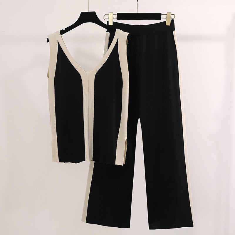 Vintage Summer Office Set - V-neck Knit Top &amp; Wide Pants