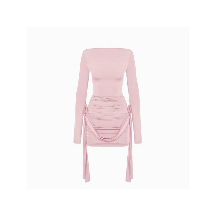 Draped Elegance – Off-Shoulder Langarmkleid in Rosa