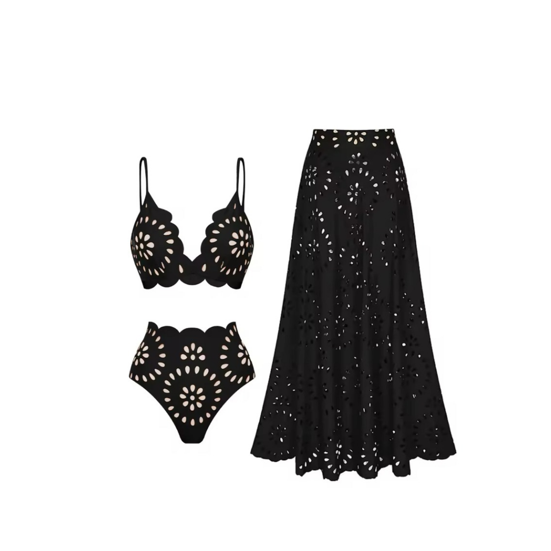 Floral Cutout Set – Bralette, High-Waisted Bottoms & Rock in Schwarz