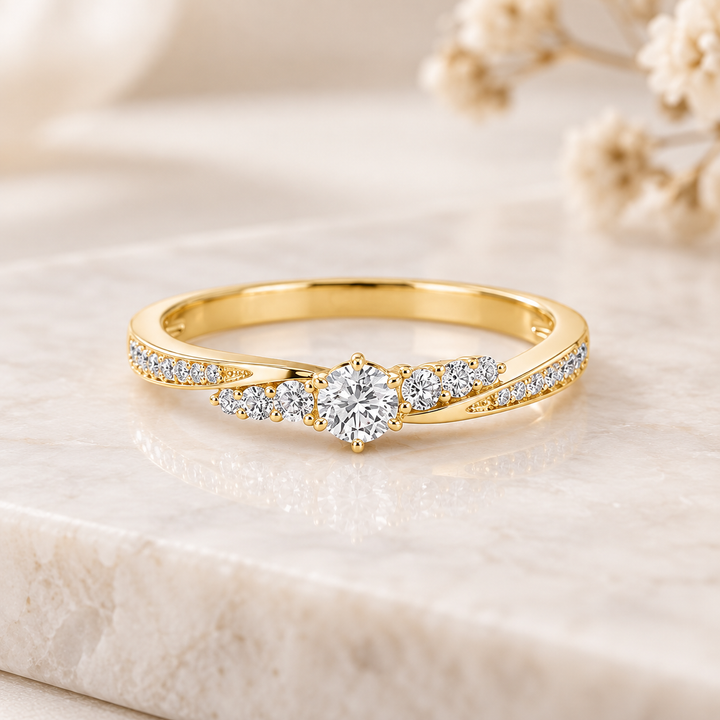 Goldener Pavé Ring mit rundem Solitärstein
