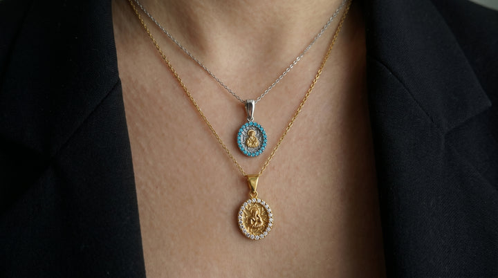 Halskette mit Edelsteinen - Madonna Medaillon - Sterling Silber