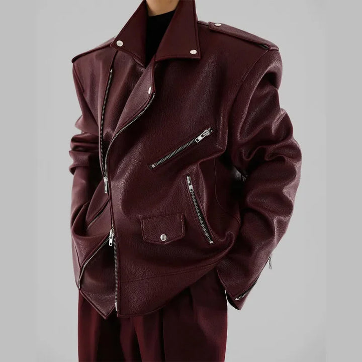 Burgundy Luxe – Doppelreißverschluss-Lederjacke