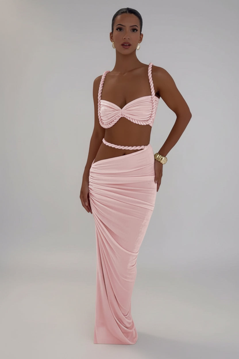 Elegantes Cut-Out Maxikleid Damen – Zweiteiliges Sommer Set in Grau