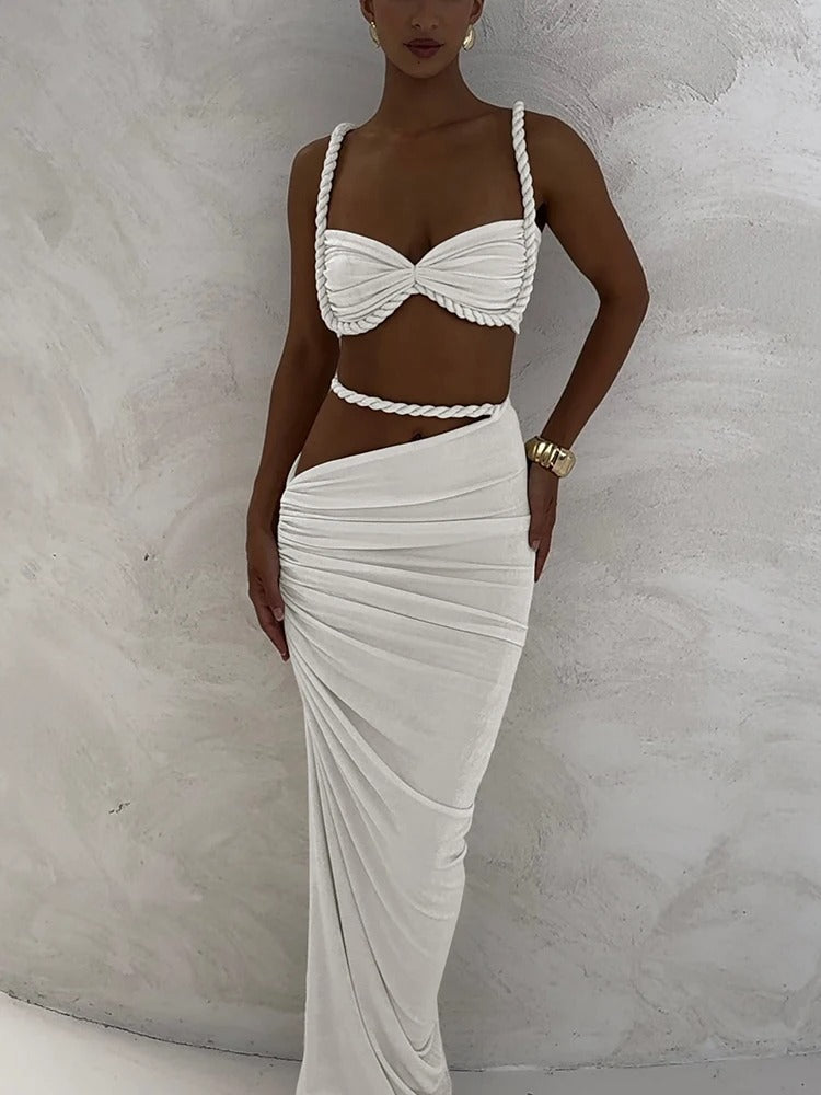 Elegantes Cut-Out Maxikleid Damen – Zweiteiliges Sommer Set in Grau