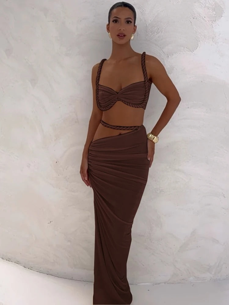 Elegantes Cut-Out Maxikleid Damen – Zweiteiliges Sommer Set in Grau