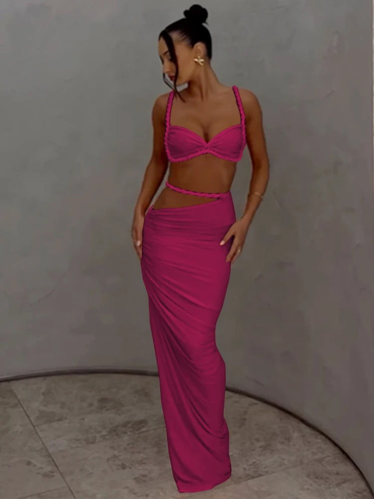 Elegantes Cut-Out Maxikleid Damen – Zweiteiliges Sommer Set in Grau